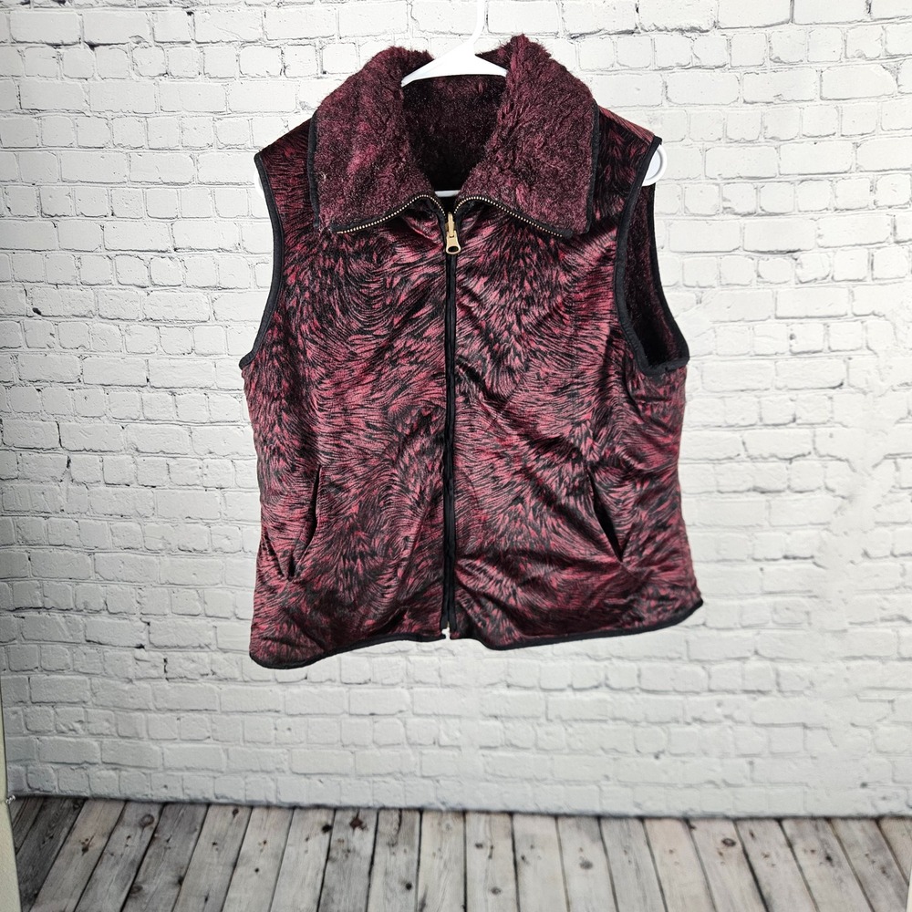 Adrienne Landau Faux Fur Vest Burgundy Black Swirl Zip Up Large